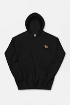 Introducing the Classic Corgi Sidekick Embroidered Unisex Hoodie by Dogloverclothing.com: a black hoodie with a playful touch. It features a small red fox emblem on the chest, long sleeves, and a front pocket for warmth and comfort—ideal for corgi lovers who appreciate style.
