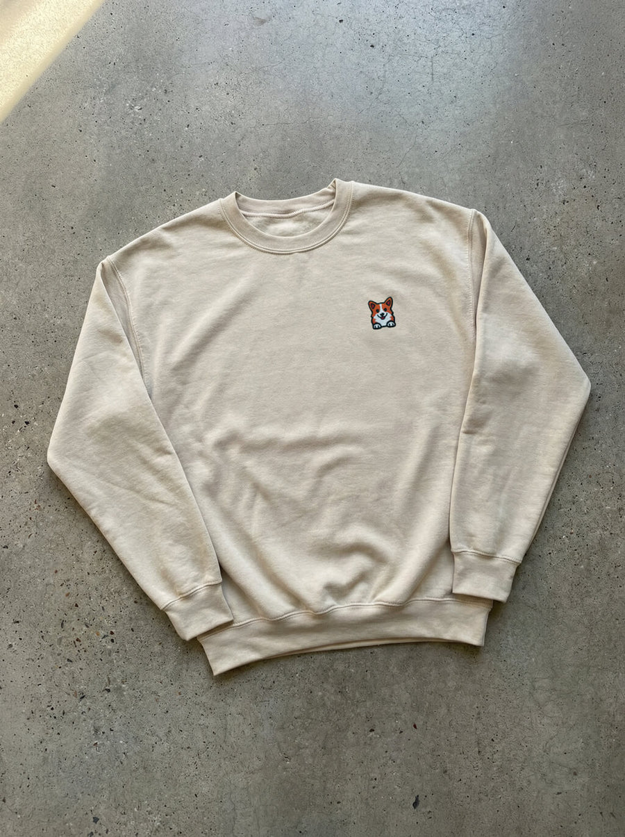 Beige Embroidered Corgi Sweatshirt from WOOF, front view
