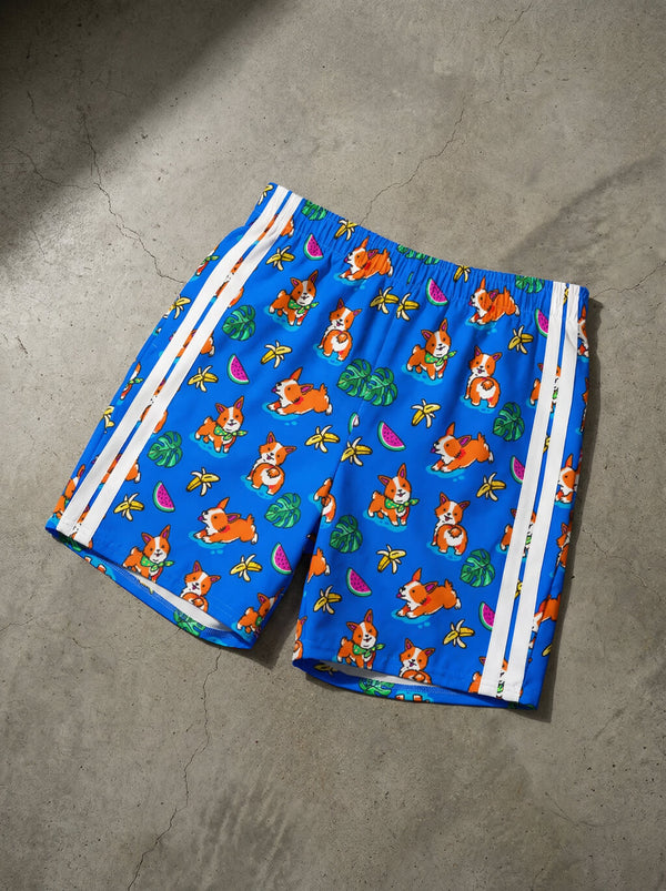 Tropical Corgi Beach Party swim shorts from WOOF, front view of the all over print