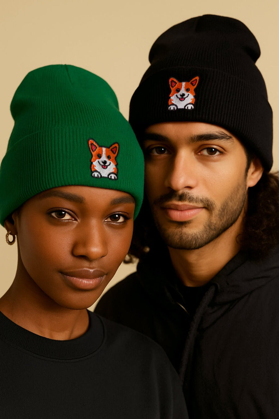 Cozy Corgi Patch Beanie from WOOF, front view with the embroidered patch