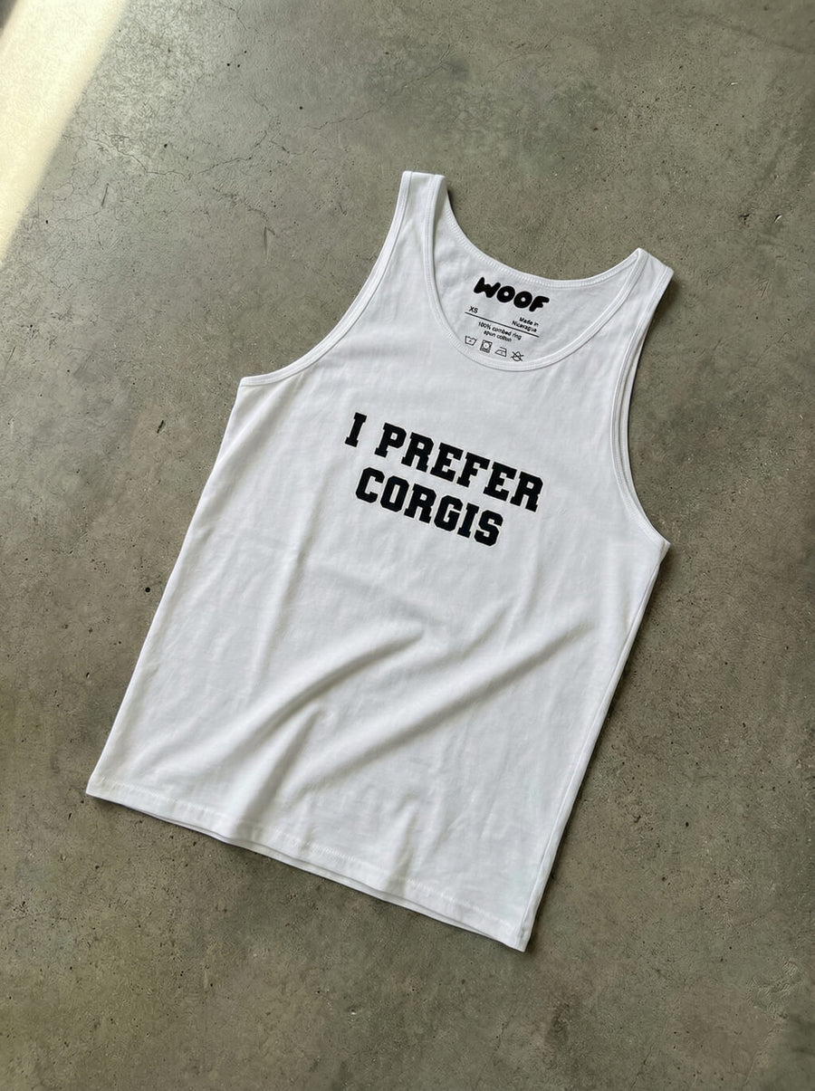 I Prefer Corgis Tank Top from WOOF, front view with the printed slogan