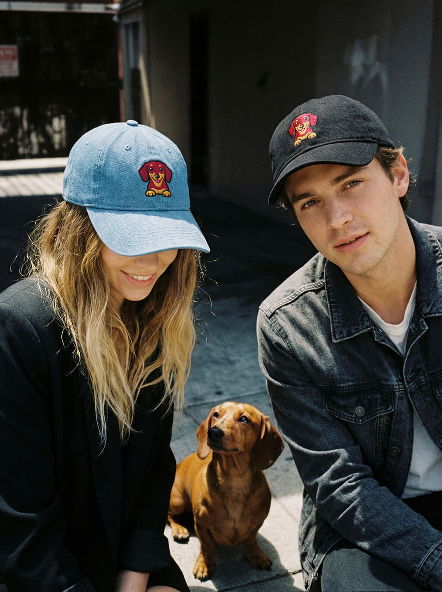 Iconic Dachshund embroidered denim cap from WOOF, front view