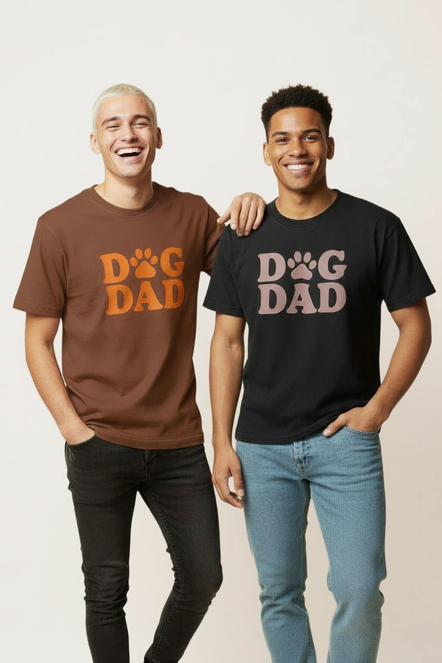 Soft Dog Dad T-Shirts from WOOF in brown and black shown side by side, front view