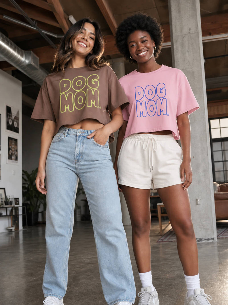 Oversized Dog Mom Crop Tops from WOOF in brown and pink shown together