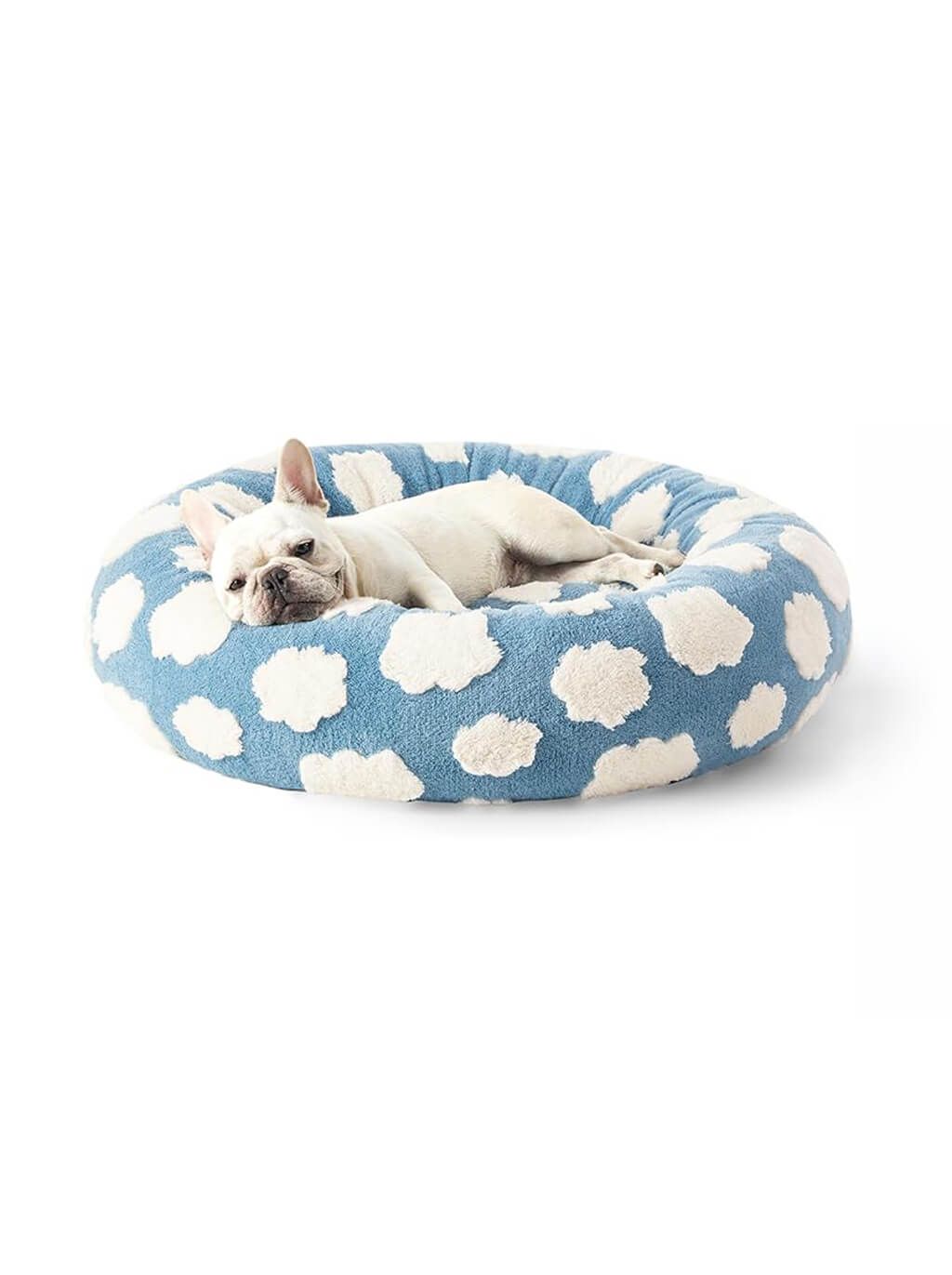 Cloud pattern donut dog bed from WOOF, front view of the plush pile
