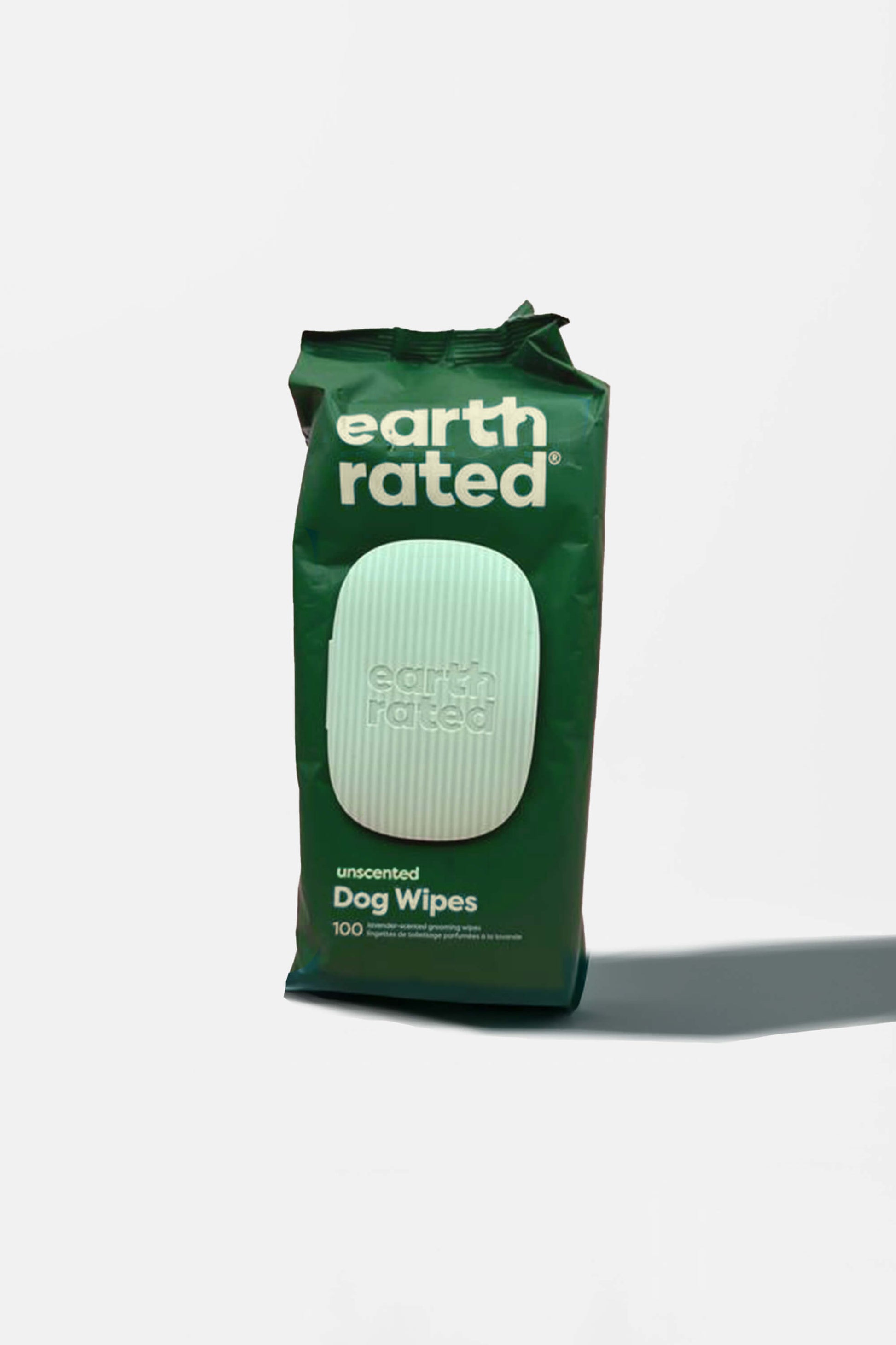 A green package of Amazons Hypoallergenic Earth Rated Pet Wipes (100 Count) appears against a white background.