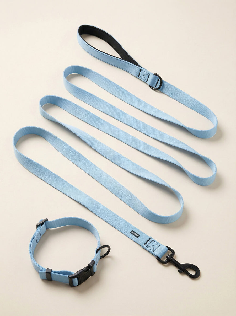 Ice blue dog collar and leash set from WOOF, front view