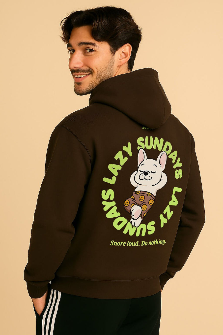 Back of the dark brown Lazy Sundays Frenchie Hoodie from WOOF