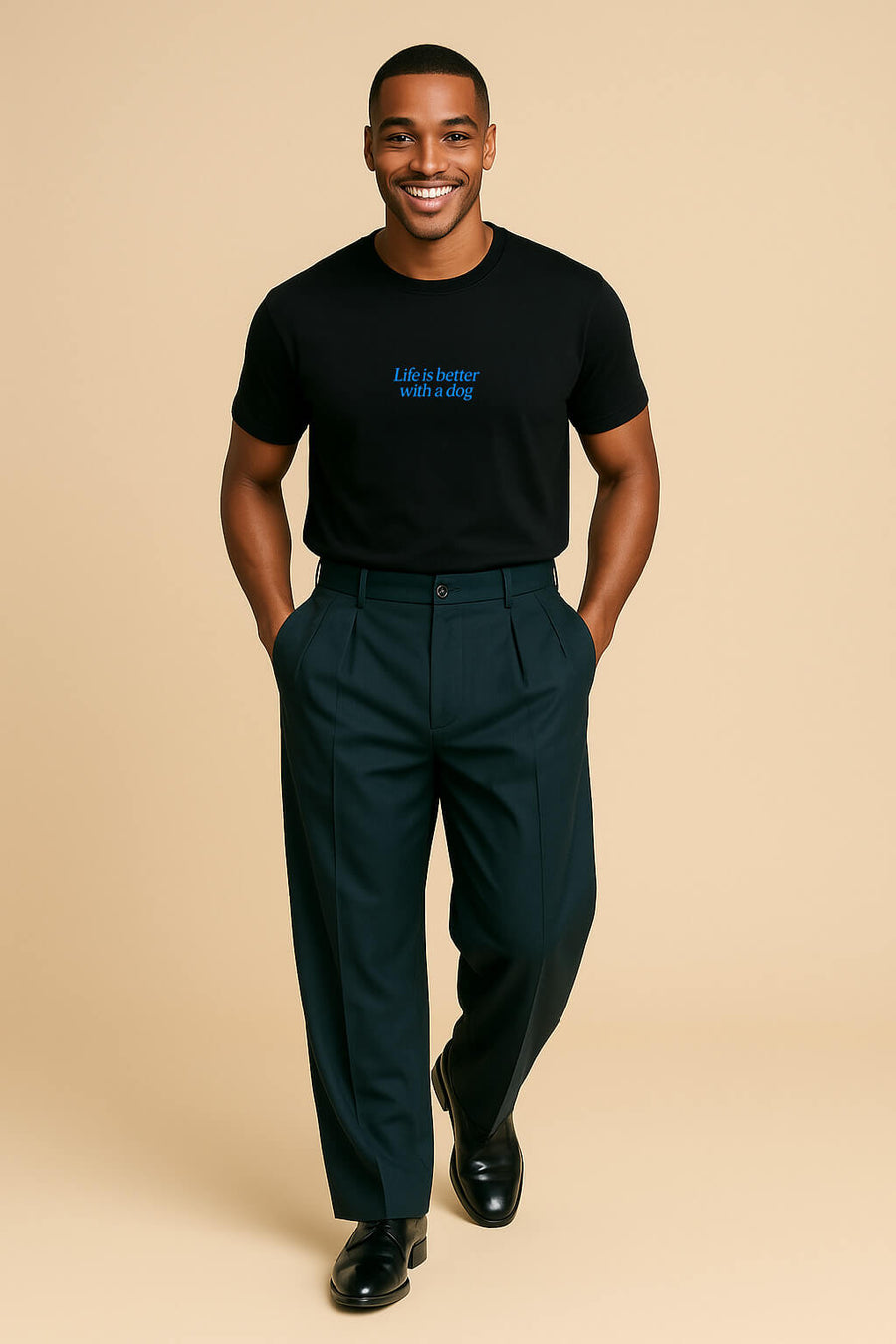 Black Life is Better with a Dog embroidered T-Shirt from WOOF, front view