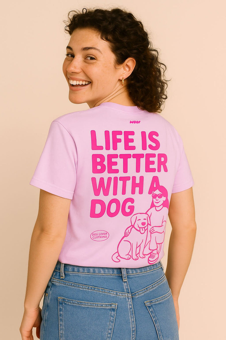 Back of the pink Soft Life is Better with a Dog T-Shirt from WOOF