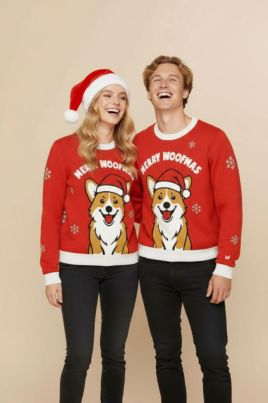 Merry Woofmas Corgi knitted Christmas sweater from WOOF, front view