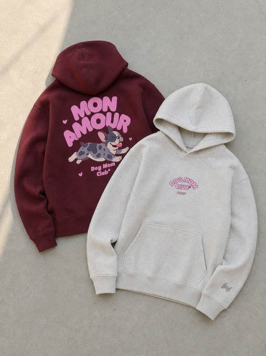 Mon Amour Frenchie Hoodies from WOOF in maroon and grey, front and back