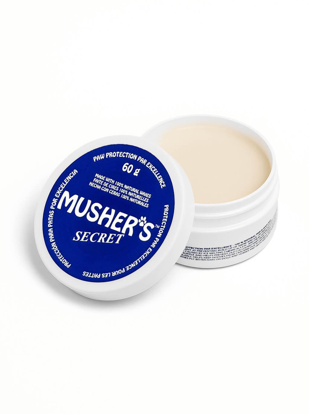 Mushers Secret dog paw balm from WOOF, front of the tin