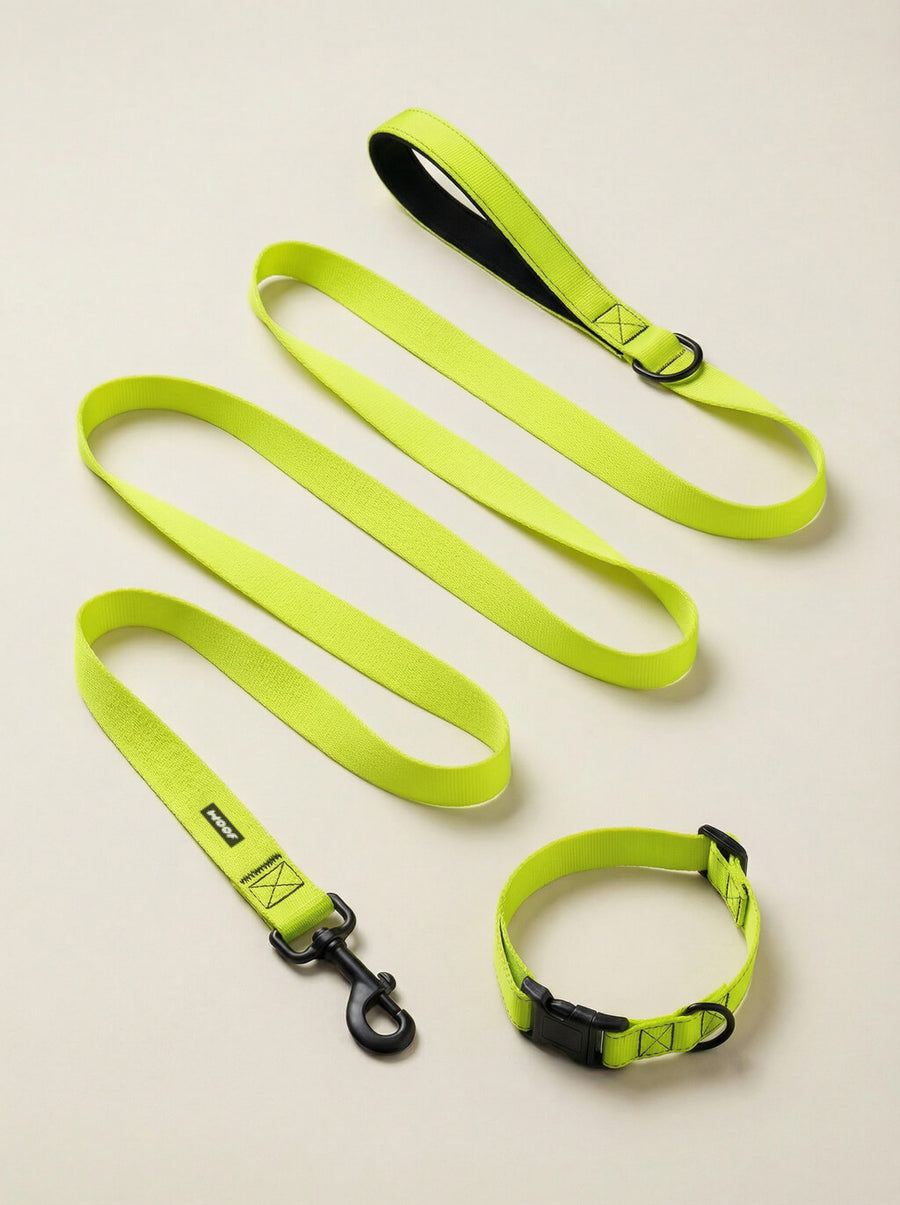 Neon green dog collar and leash set from WOOF, front view