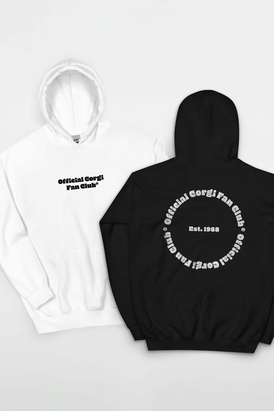 Corgi Fan Club Hoodie from WOOF, front and back shown side by side