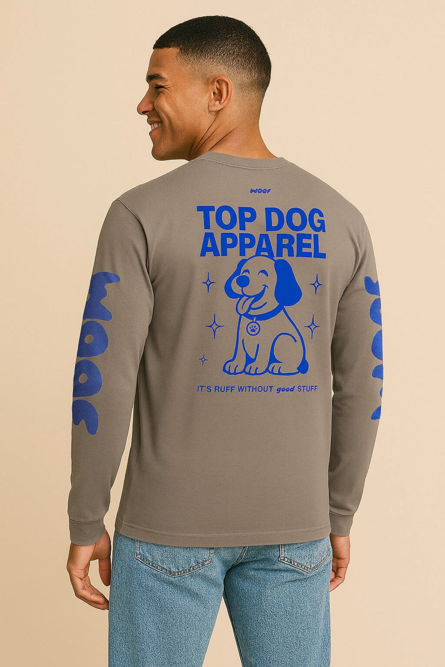 Back of the grey Top Dog Apparel long sleeve T-Shirt from WOOF