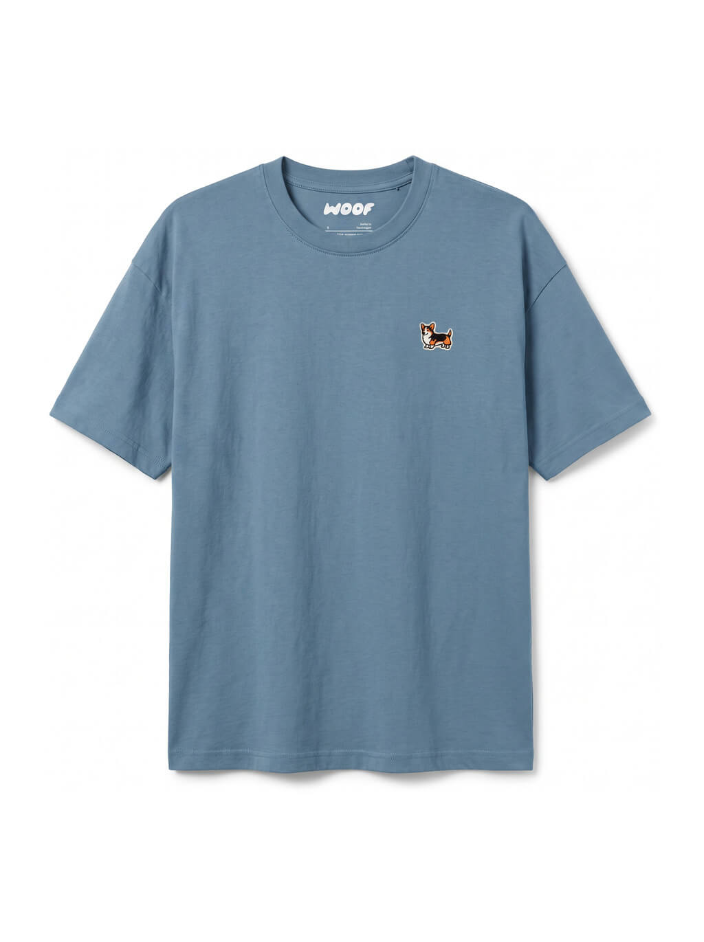 Steel blue Tricolor Corgi Bobtail Buddy T-Shirt from WOOF, front view