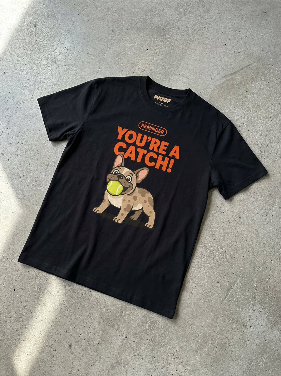 Youre A Catch Frenchie T-Shirt from WOOF, front view with the french bulldog print