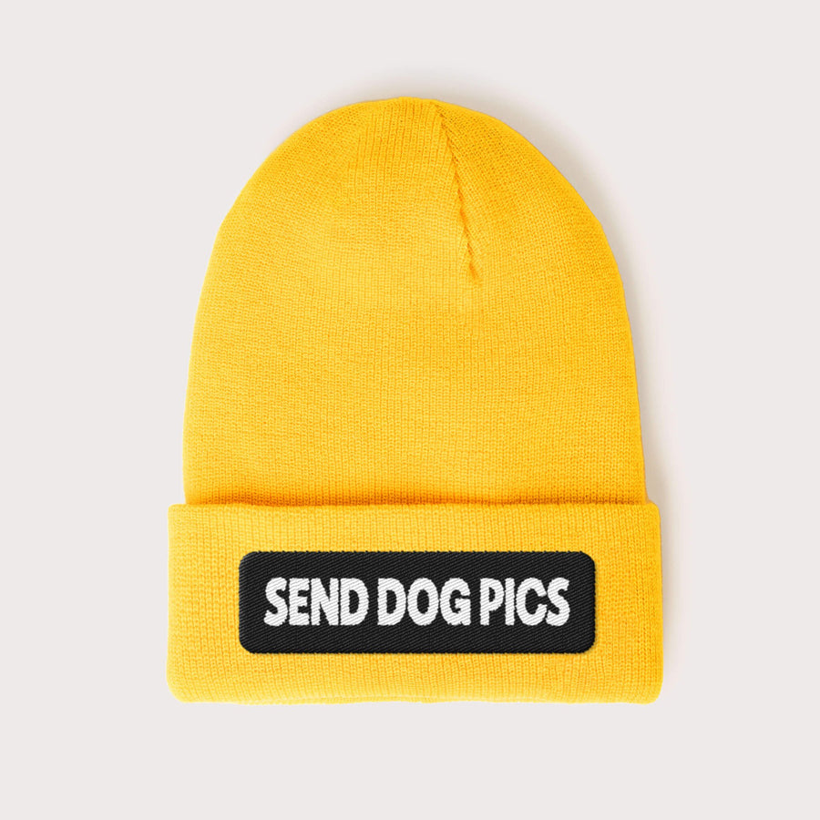 Bright yellow Send Dog Pics Beanie from WOOF with SEND DOG PICS embroidered on a black patch