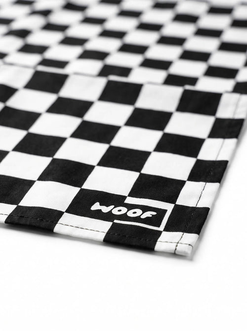 Close up of the checkered pattern on the dog bandana from WOOF