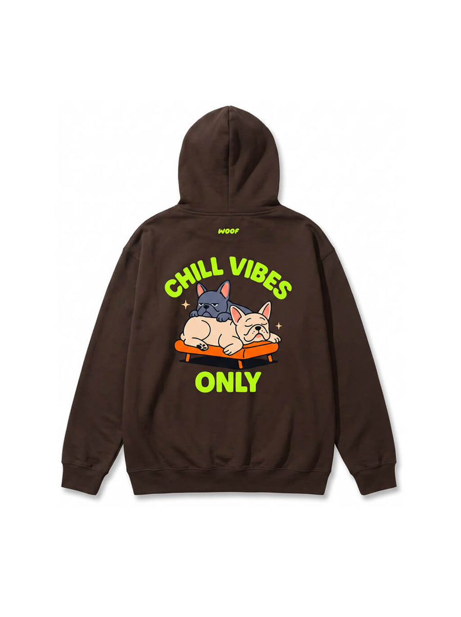 Back of the brown Chill Vibes Only French Bulldog Hoodie from WOOF