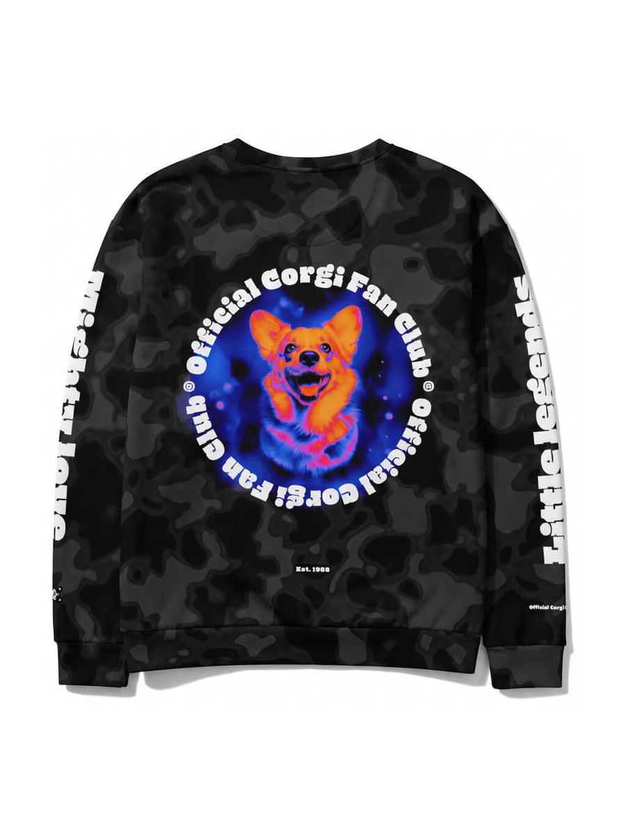 Back of the black camo Corgi Fan Club Camo Sweatshirt from WOOF