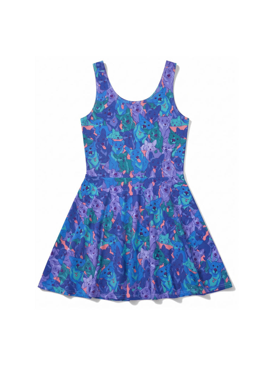 Back of the blue Sapphire Corgi Collage Skater Dress from WOOF