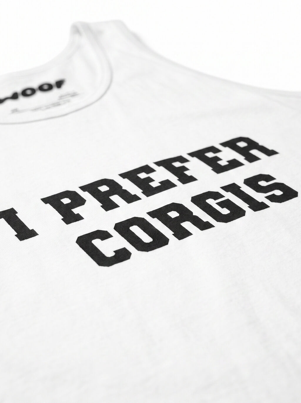 Close up of the print on the white I Prefer Corgis Tank Top from WOOF