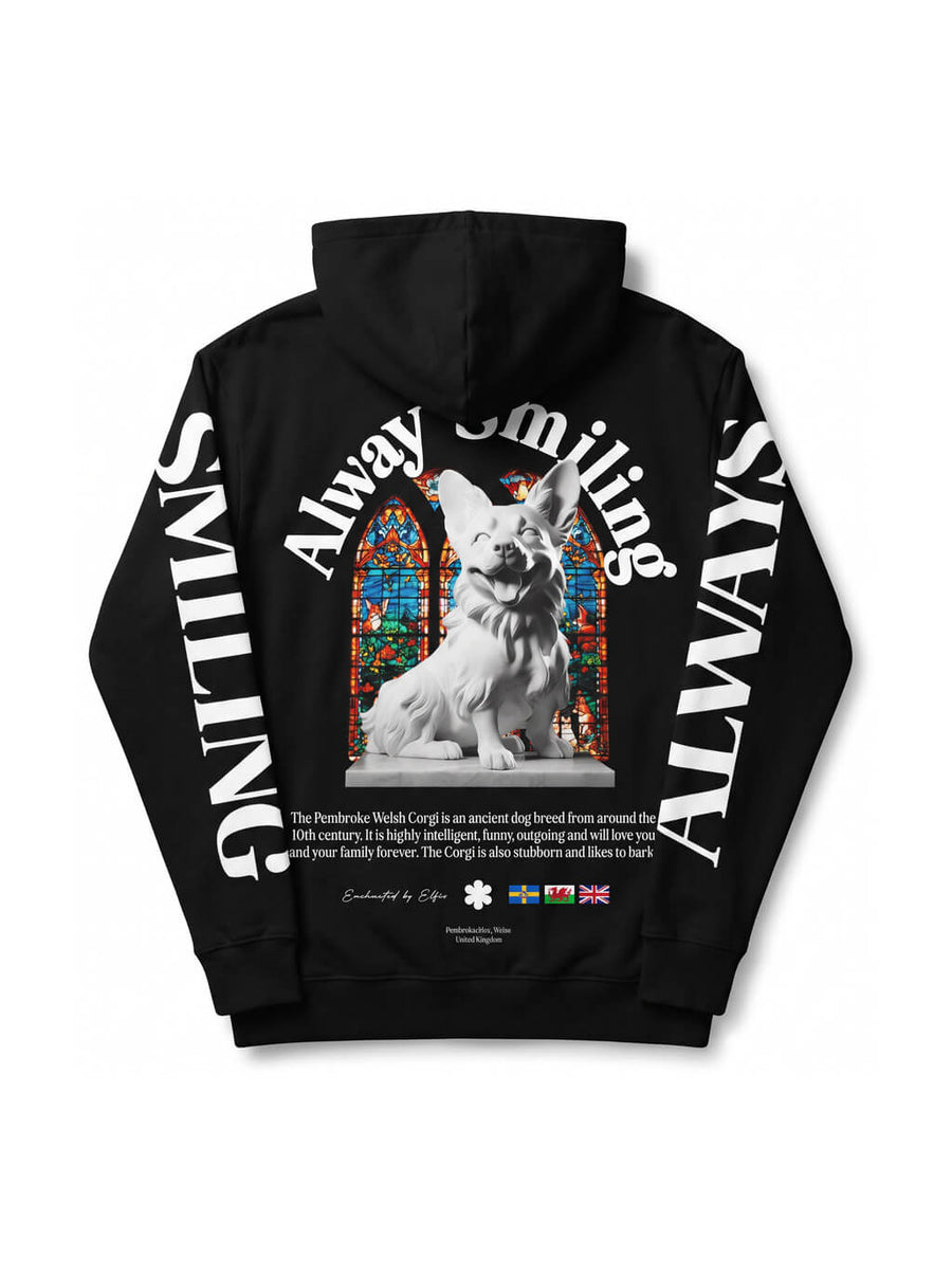 Back of the black Corgi Supreme Hoodie from WOOF