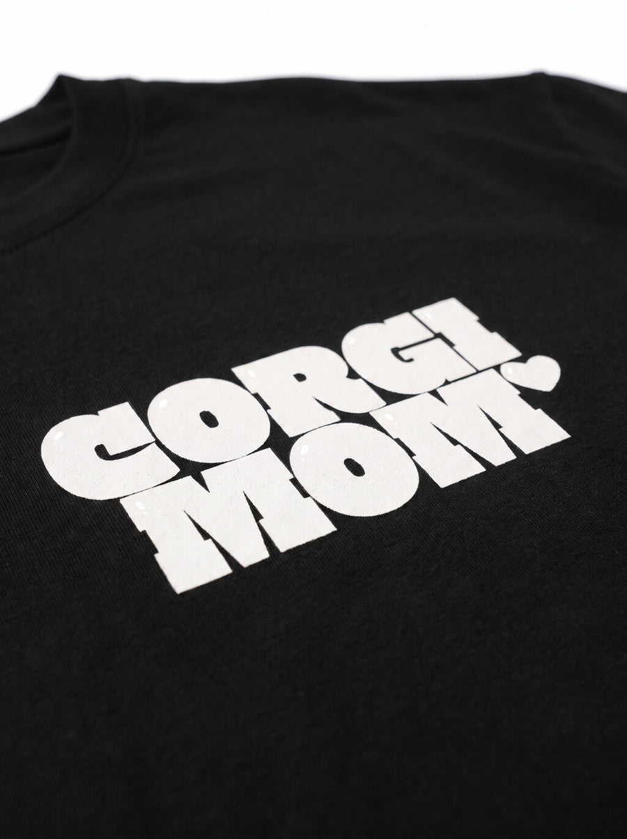 Close up of the front print on the black Corgi Mom Tribute T-Shirt from WOOF