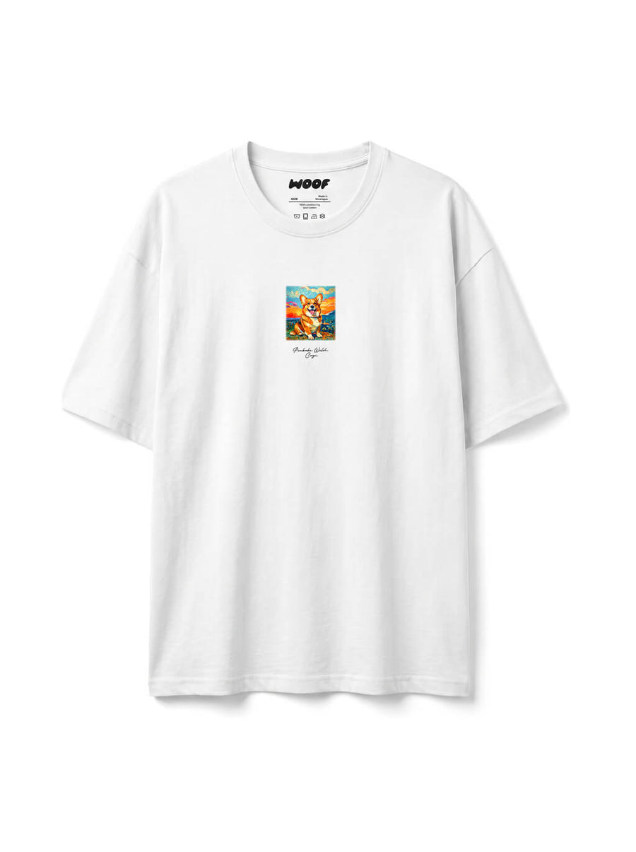 Back of the white Corgi Joy T-Shirt from WOOF