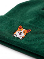 Close up of the corgi patch on the green Corgi Patch Beanie from WOOF