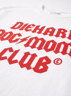 Close up of the print on the white Diehard Dog Moms Club T-Shirt from WOOF