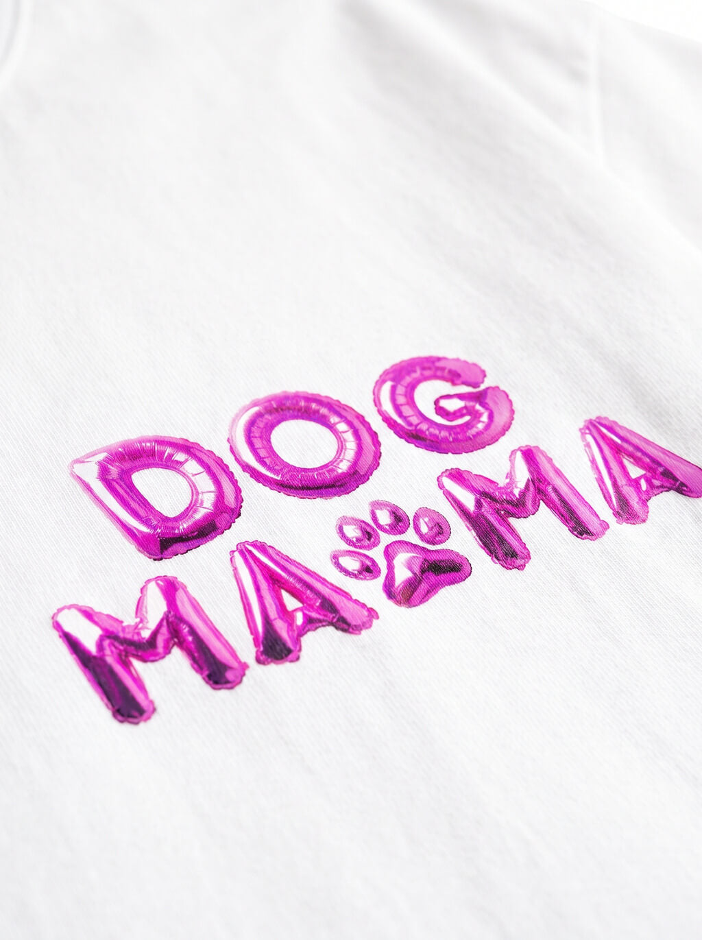 Close up of the balloon lettering on the white Dog Mom T-Shirt from WOOF