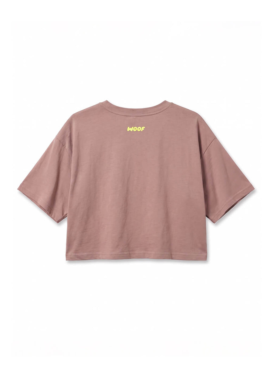 Back of the brown Oversized Dog Mom Crop Top from WOOF