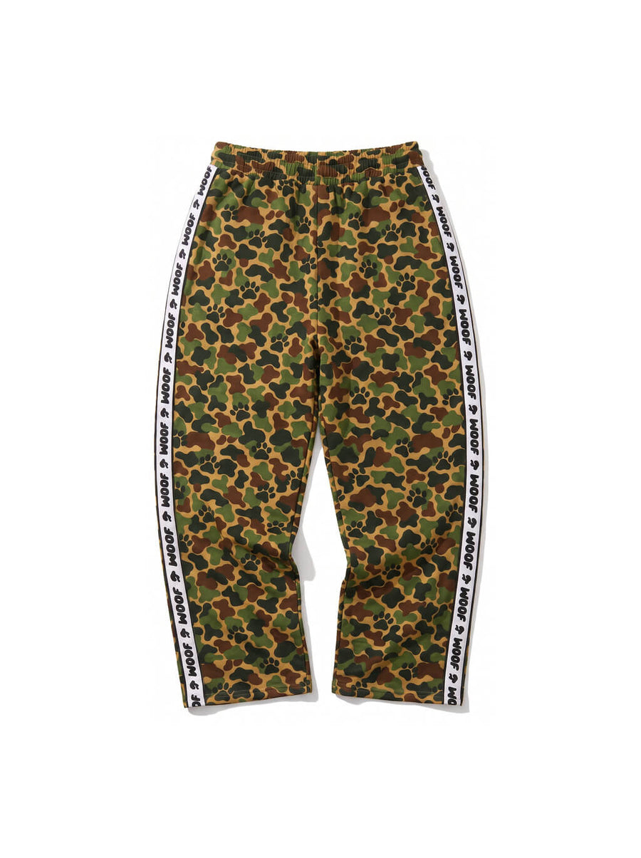 Back of the camo wide leg paw print joggers from WOOF