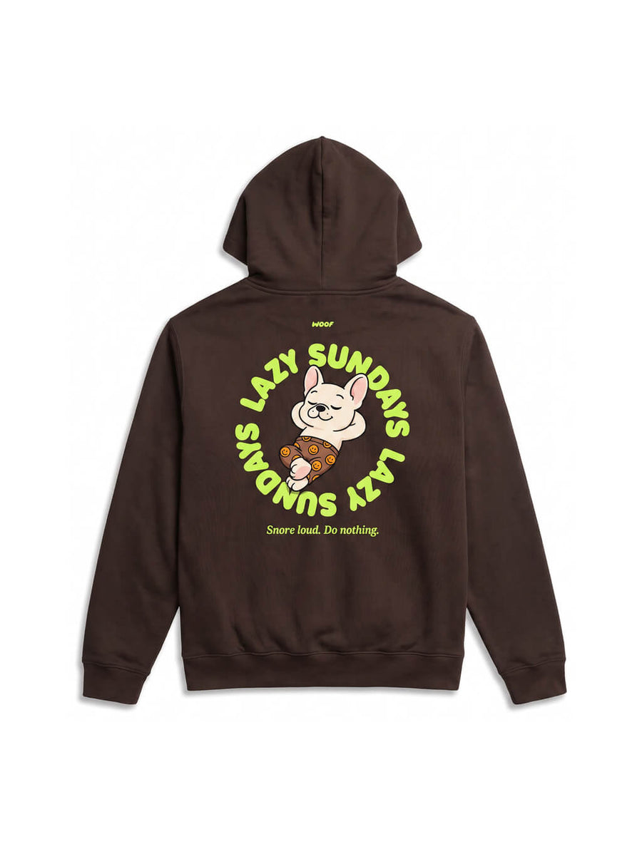 Back of the brown Lazy Sundays Frenchie Hoodie from WOOF