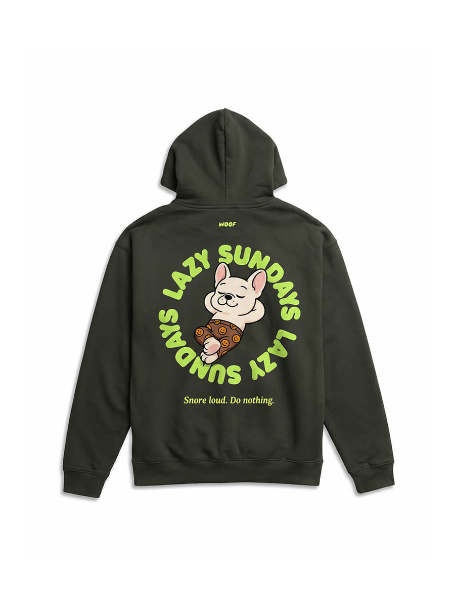 Back of the green Lazy Sundays Frenchie Hoodie from WOOF