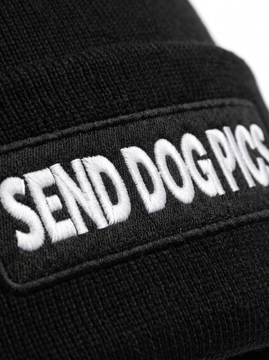 Close up of the embroidered patch on the black Send Dog Pics Beanie from WOOF
