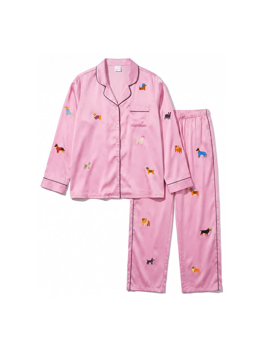 Pink silky dog pajama set from WOOF worn from the front