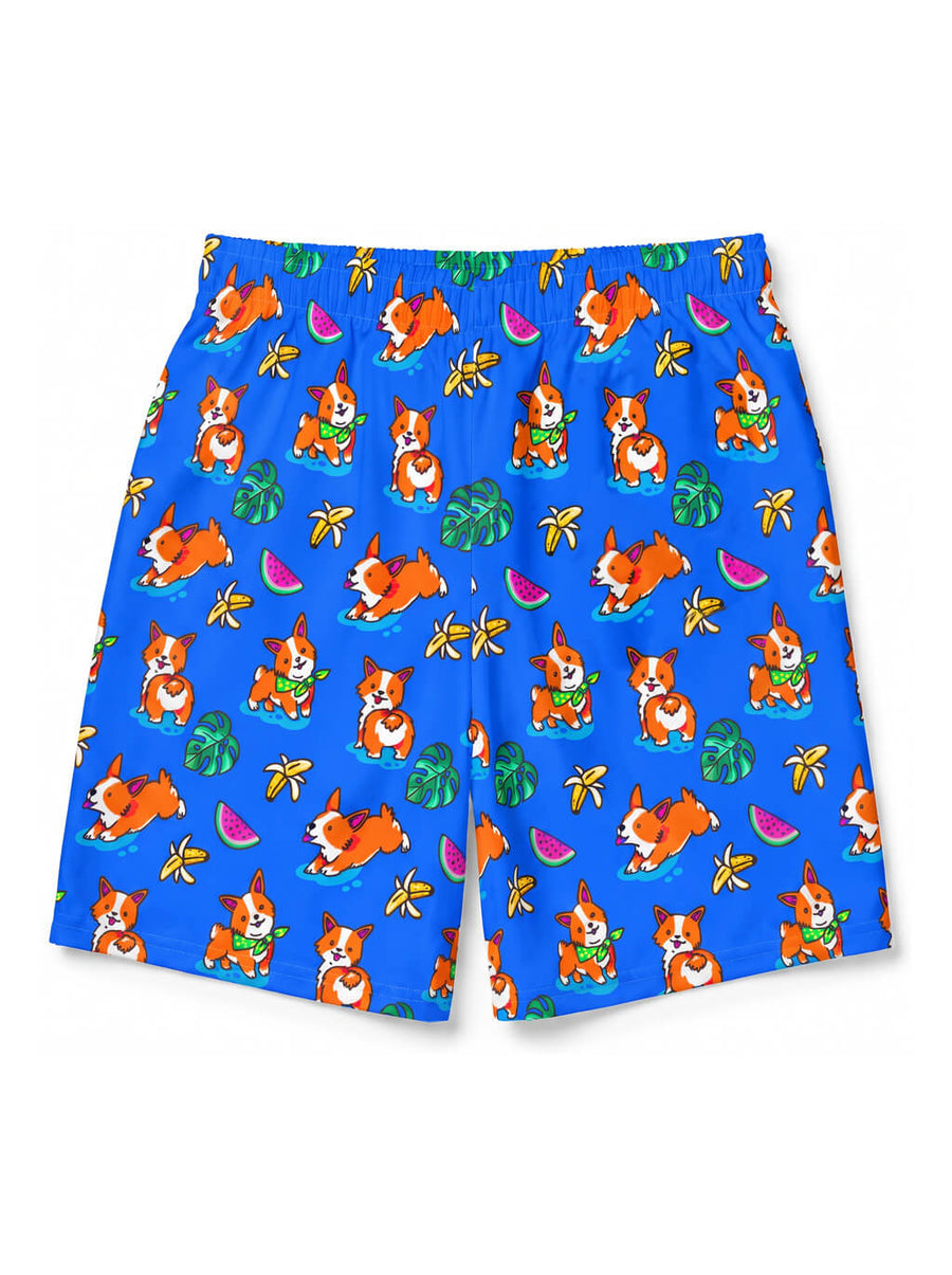 Back of the blue Tropical Corgi Beach Party Swim Shorts from WOOF