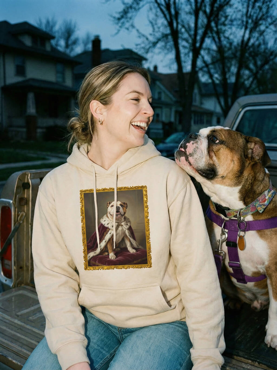 Beige custom royal dog portrait hoodie from WOOF with a regal framed portrait
