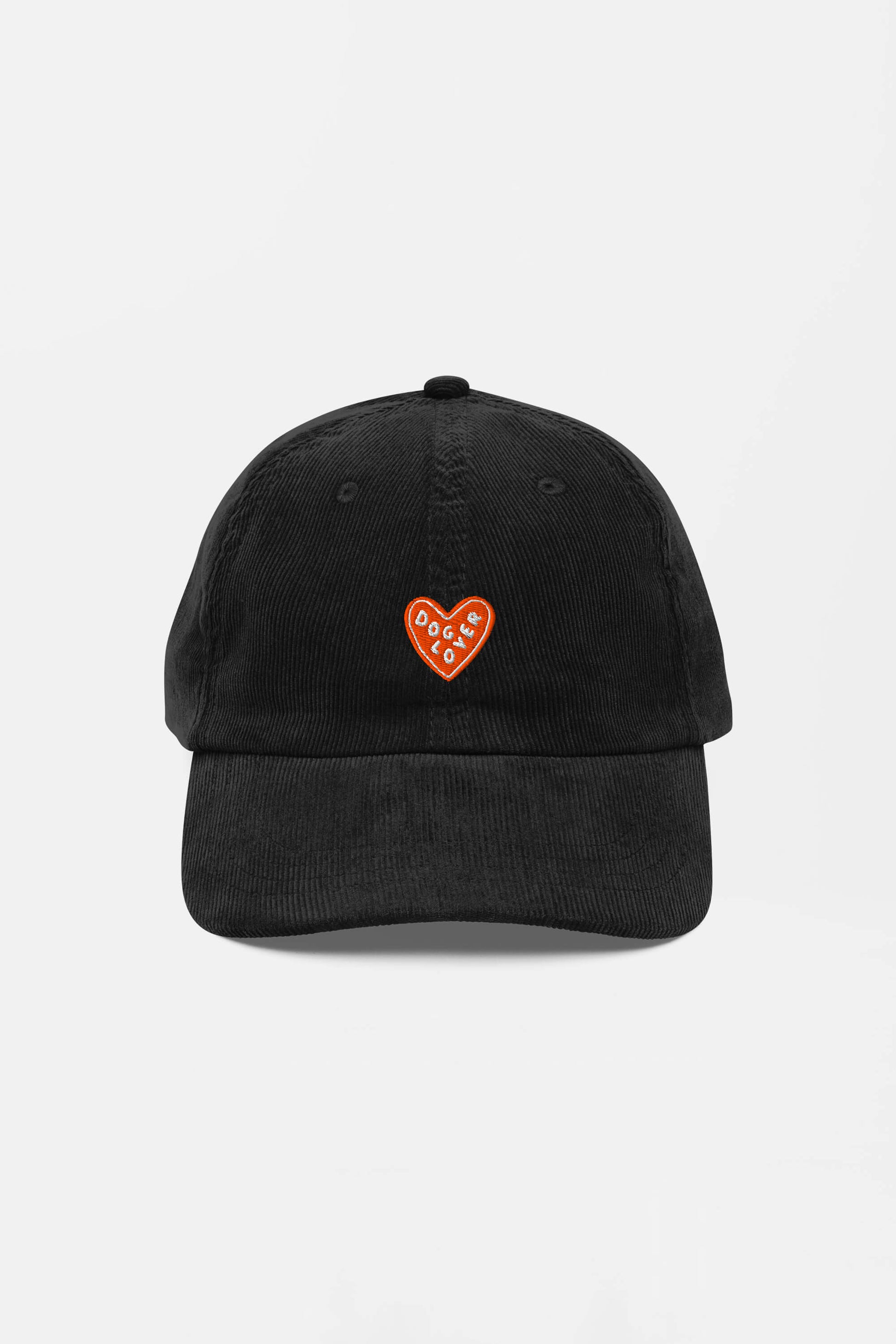The Limited Dog Lover Corduroy Cap by Dogloverclothing.com is a vintage black corduroy baseball hat featuring a red heart patch with DOUCHE in white—ideal for playful dog lovers seeking an adjustable fit.