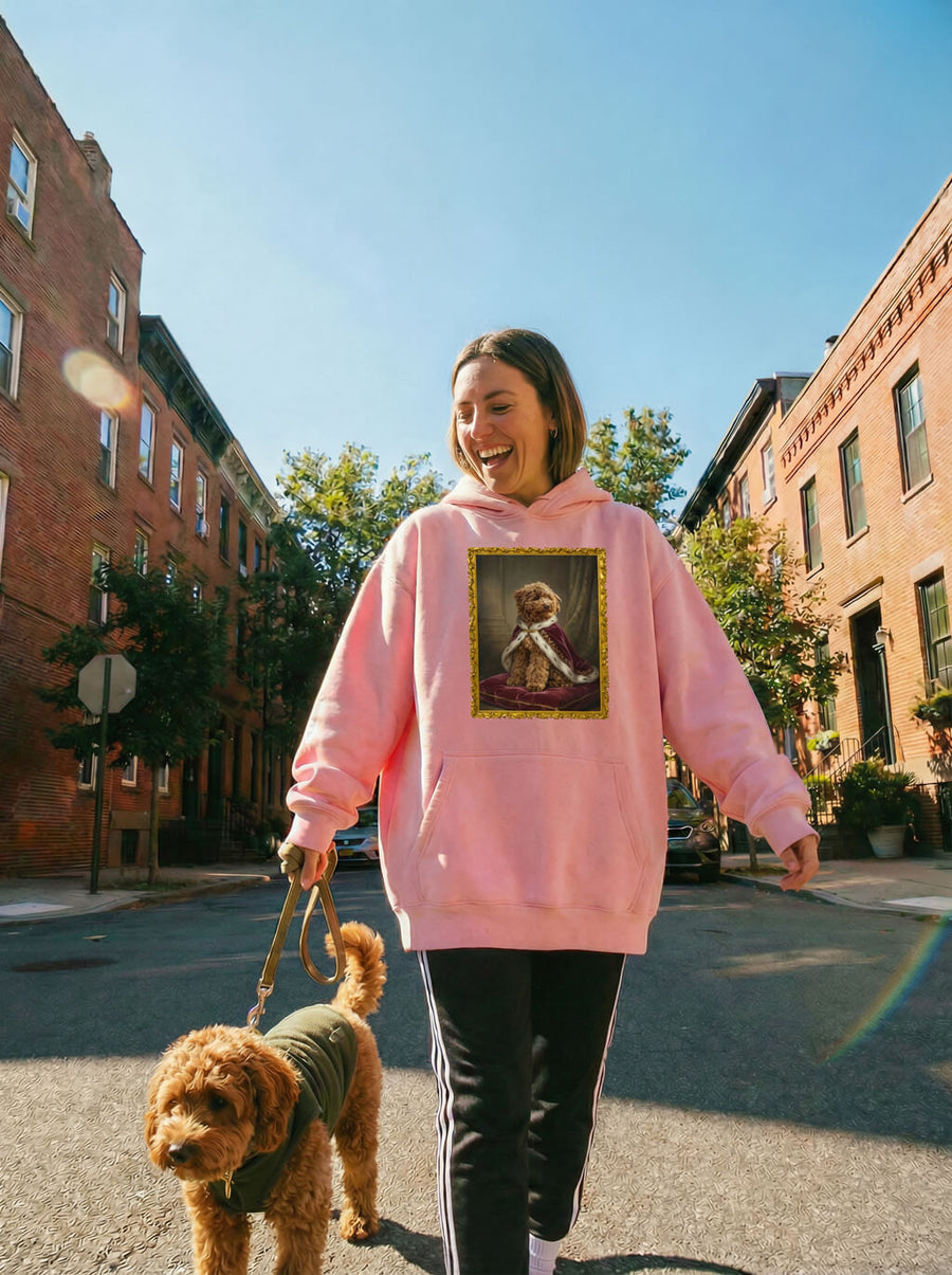Pink custom royal dog portrait hoodie from WOOF, front view