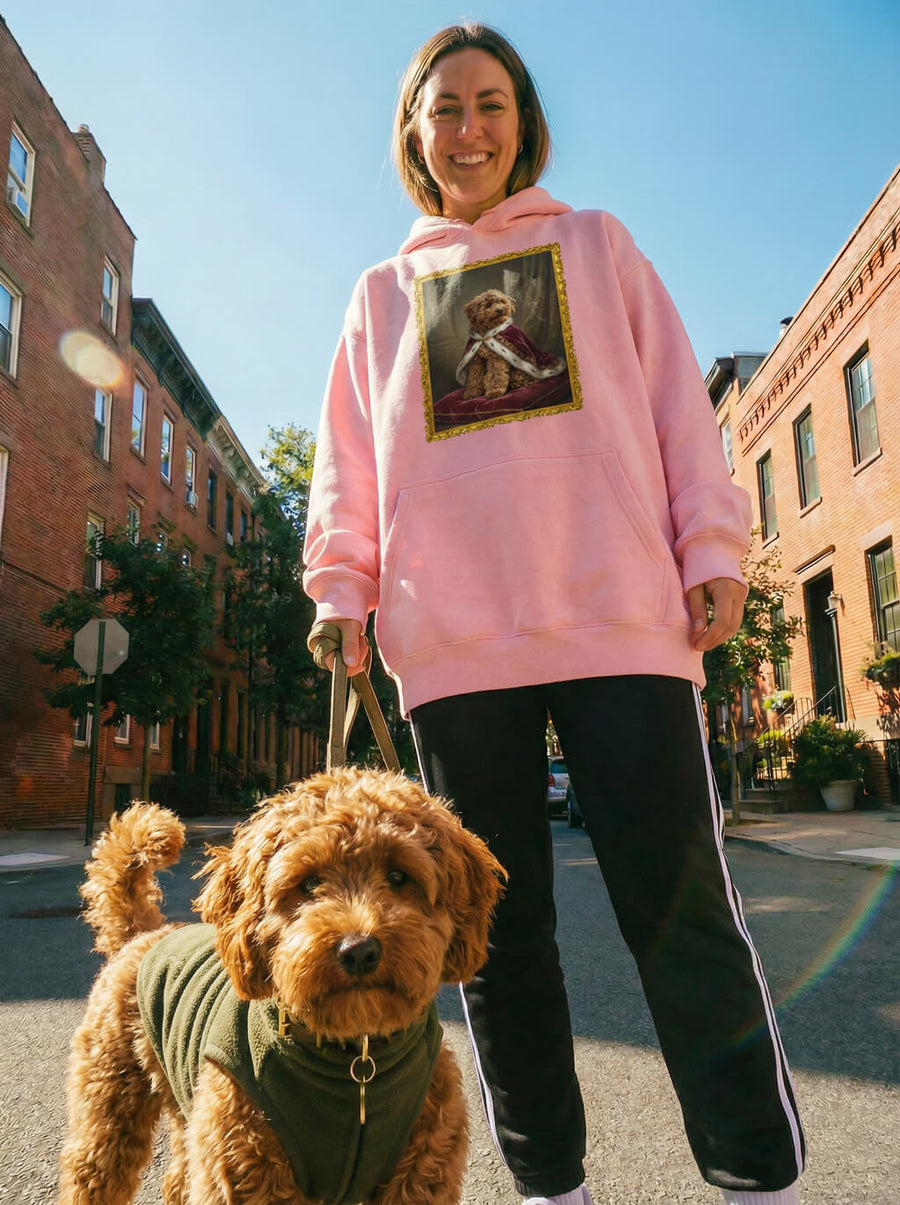 Custom royal dog portrait hoodie from WOOF in pink, portrait example