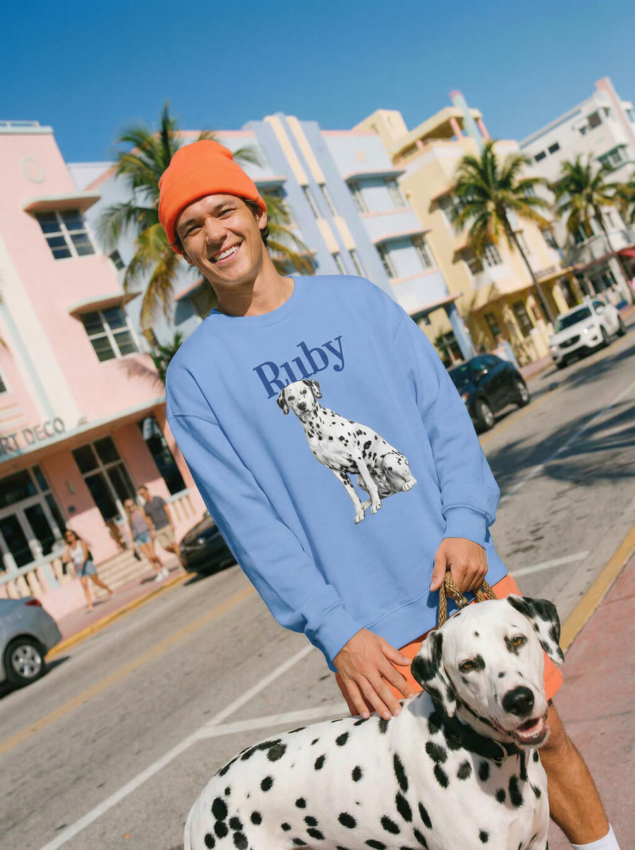 Light blue custom dog sketch sweatshirt from WOOF, front view