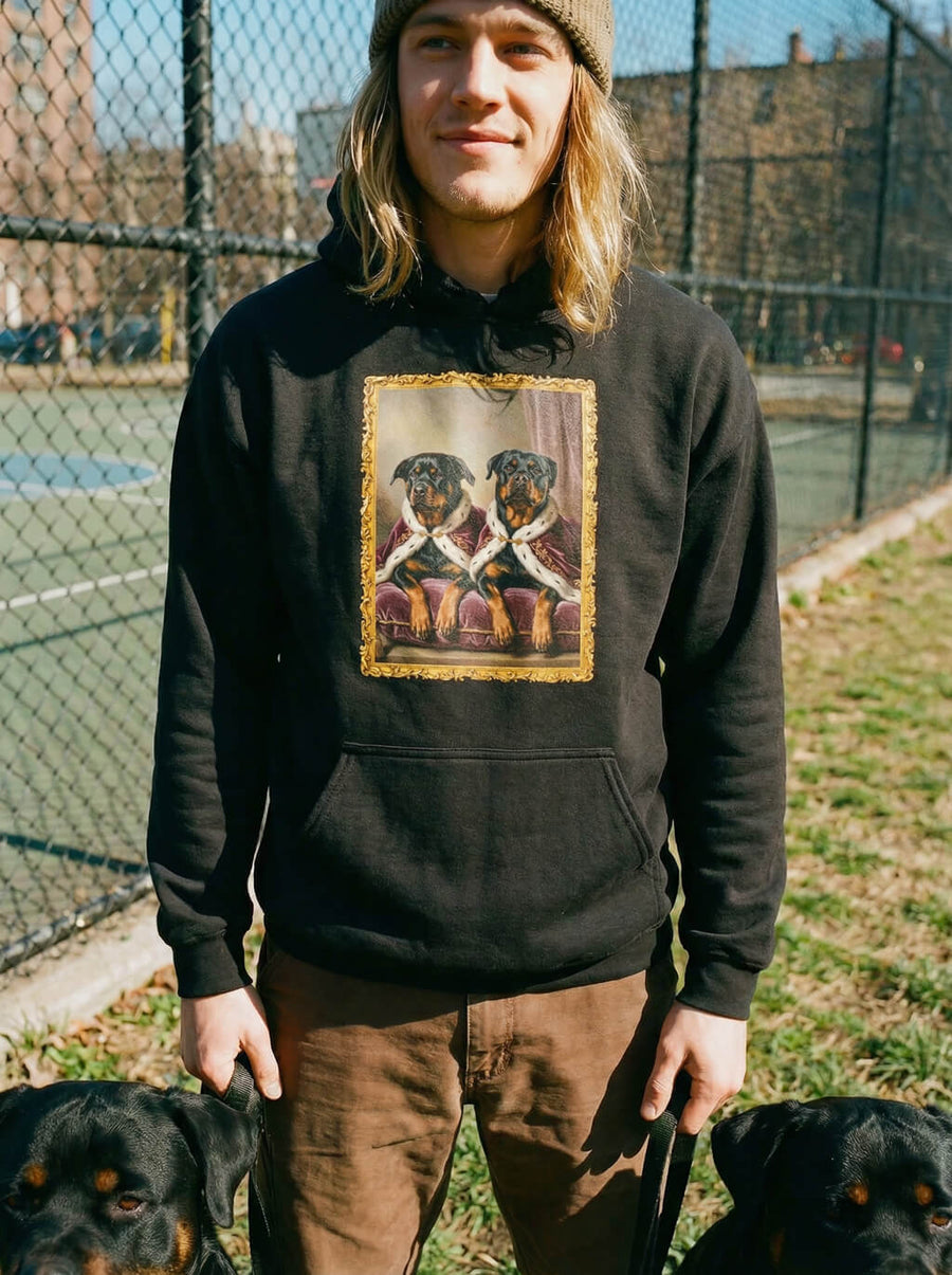 Black custom royal dog portrait hoodie from WOOF, further portrait example