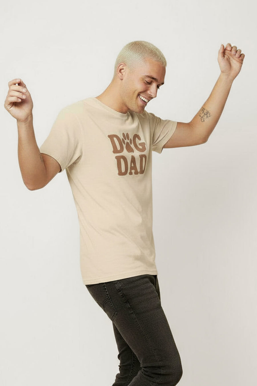 Side view of the beige Soft Dog Dad T-Shirt from WOOF