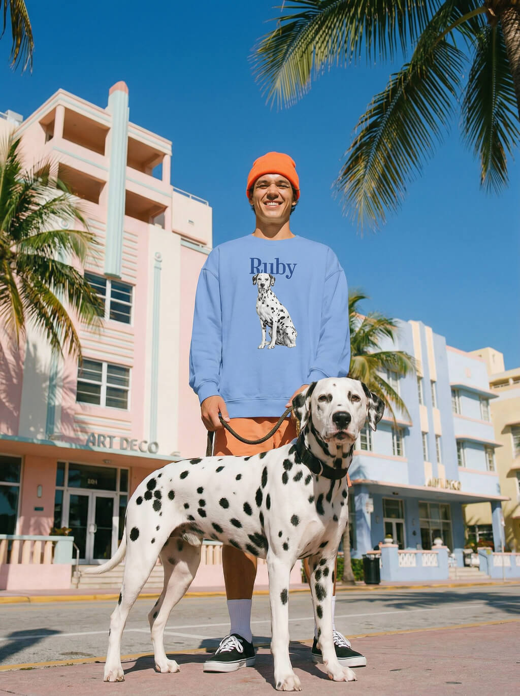 Custom dog sketch sweatshirt from WOOF in light blue, portrait example