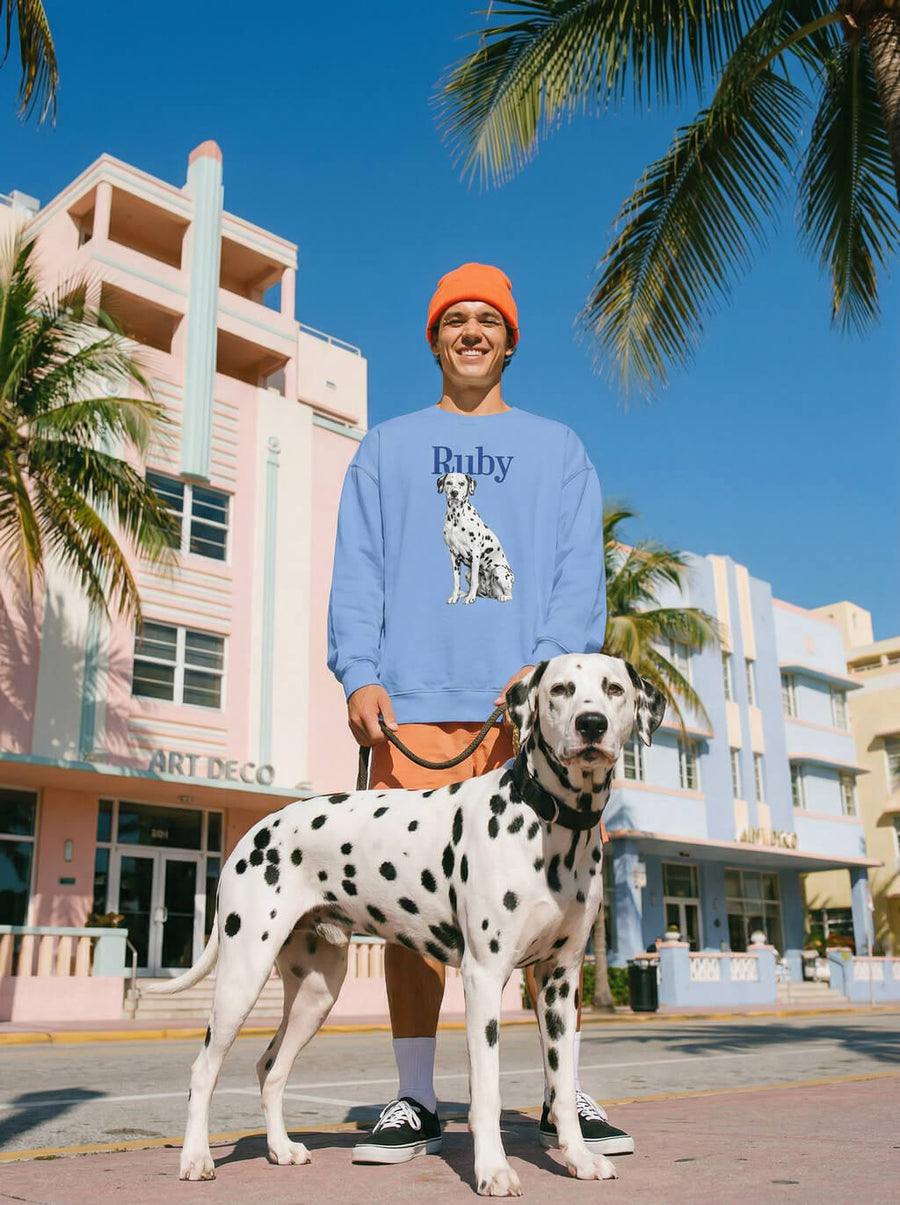 Custom dog sketch sweatshirt from WOOF in light blue, portrait example